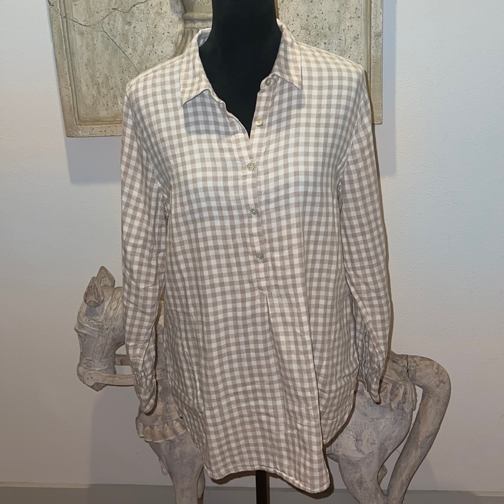 J. Jill‎ plaid tan button long sleeves tan ivory tunic top Sz L
